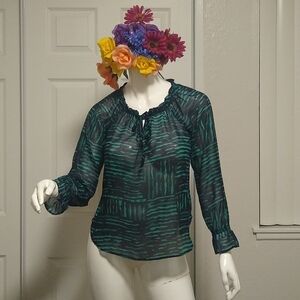 Loft Green Black Long Sleeves Pullover Semi Sheer Top SP